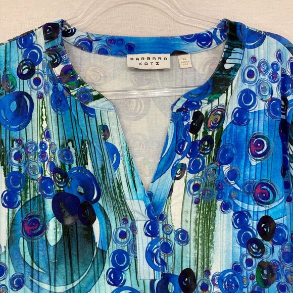 Barbara Katz XL Blue Artsy Abstract Y Neck Stretch 3/4 Sleeve Relaxed Blouse - Picture 3 of 10